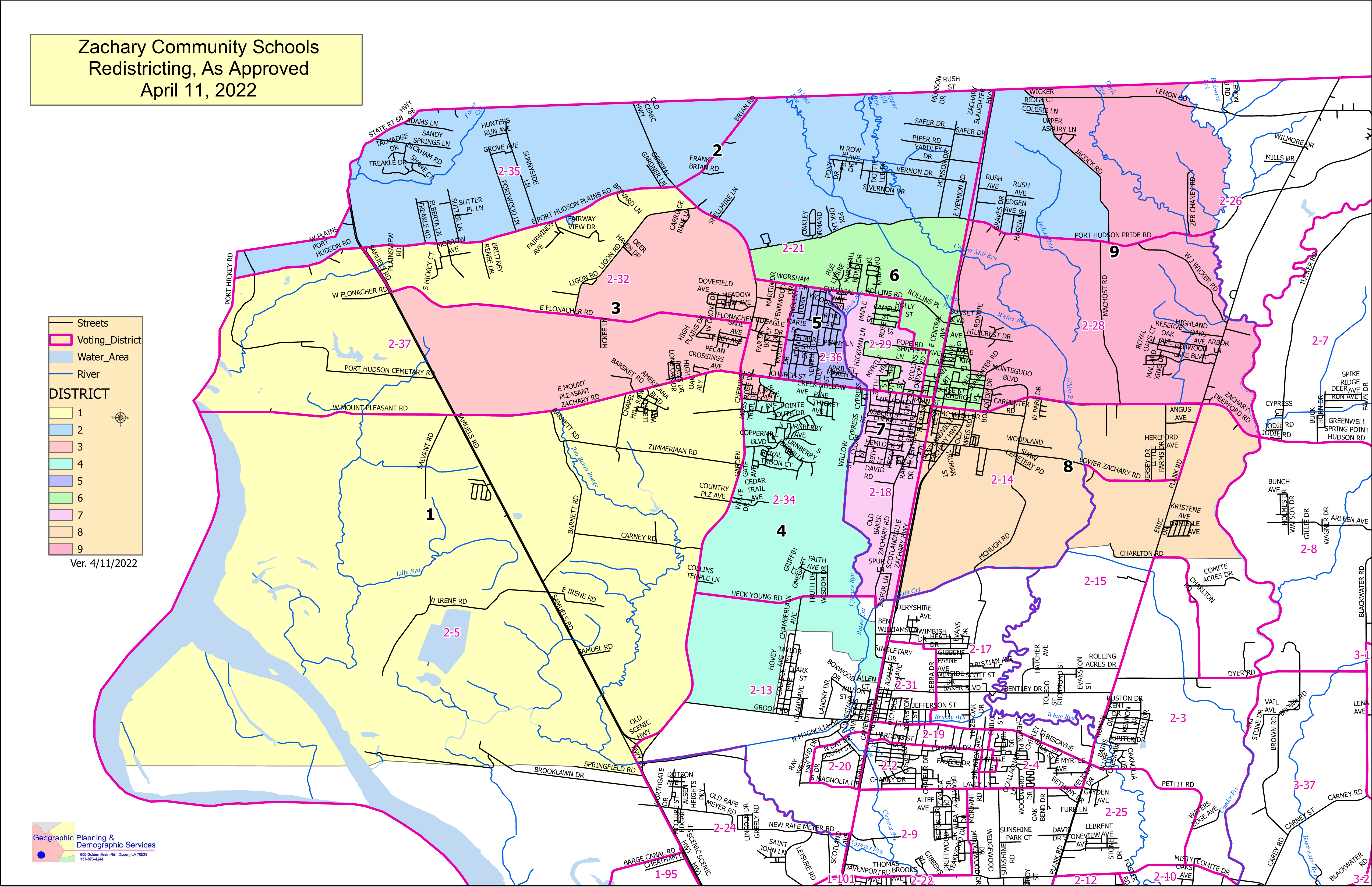 Zachary Community Schools redistricting map, approved April 11, 2022, showing District 3 shaded pink near the center of the map